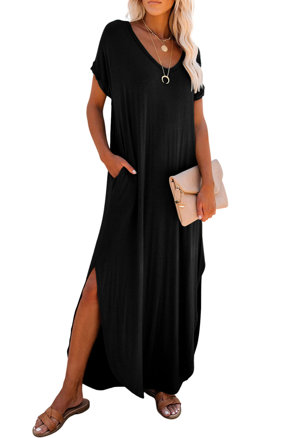 V Neck Maxi T-shirt Dress with Pockets
