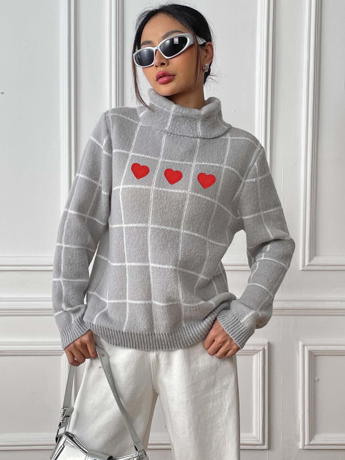 Plaid Long Sleeve Turtleneck Sweater with Hearts