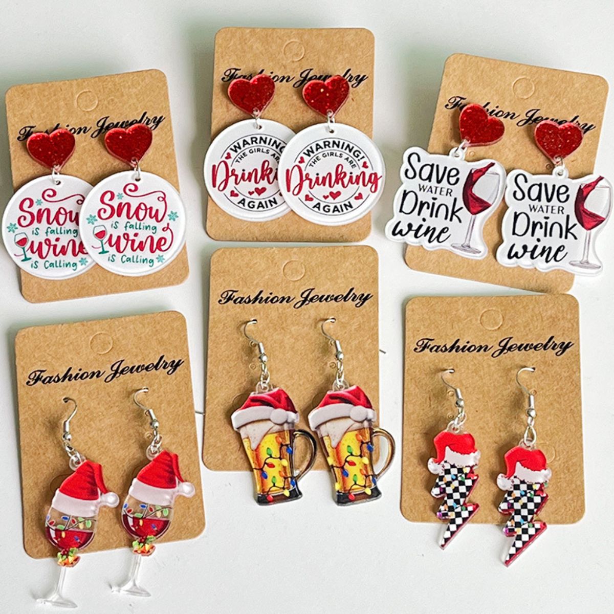 Assorted drink sayings on dangle earrings