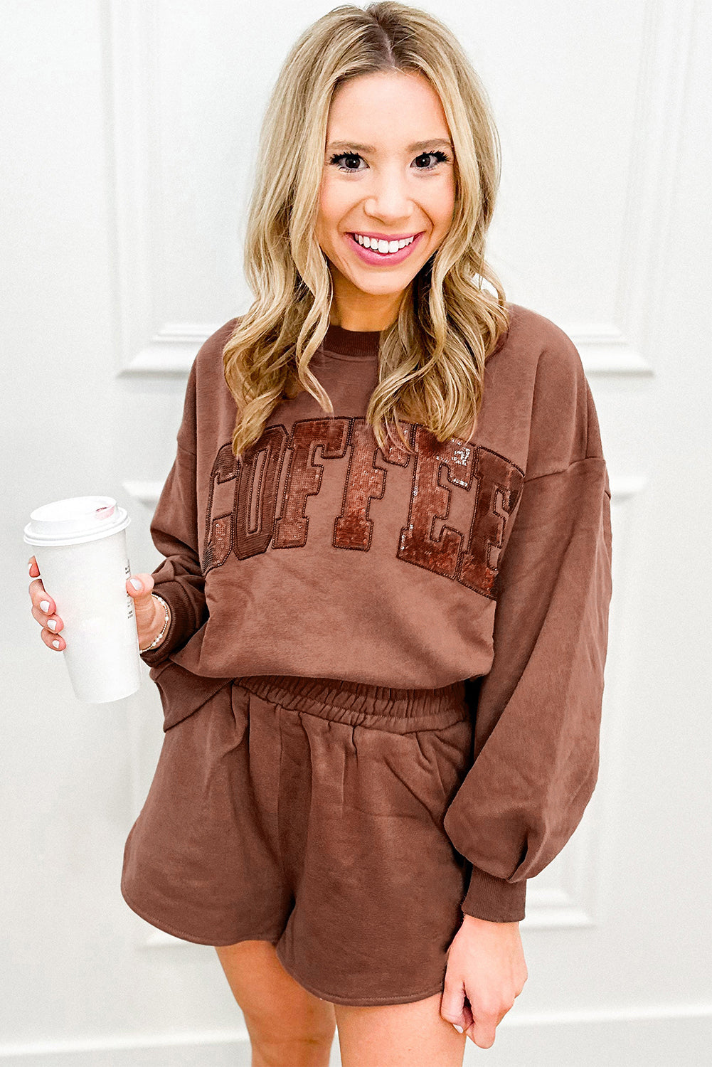 COFFEE Loose Fit Sweatshirt and Shorts Set