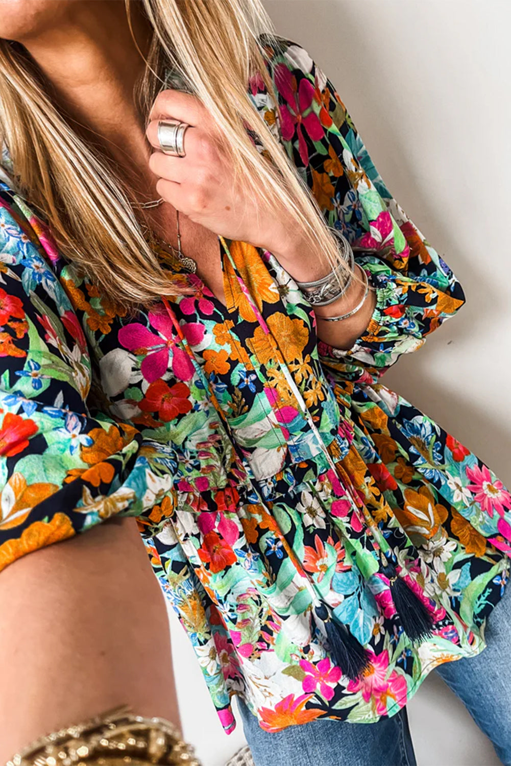 Multicolor Boho Floral V Neck Lantern Sleeve Blouse