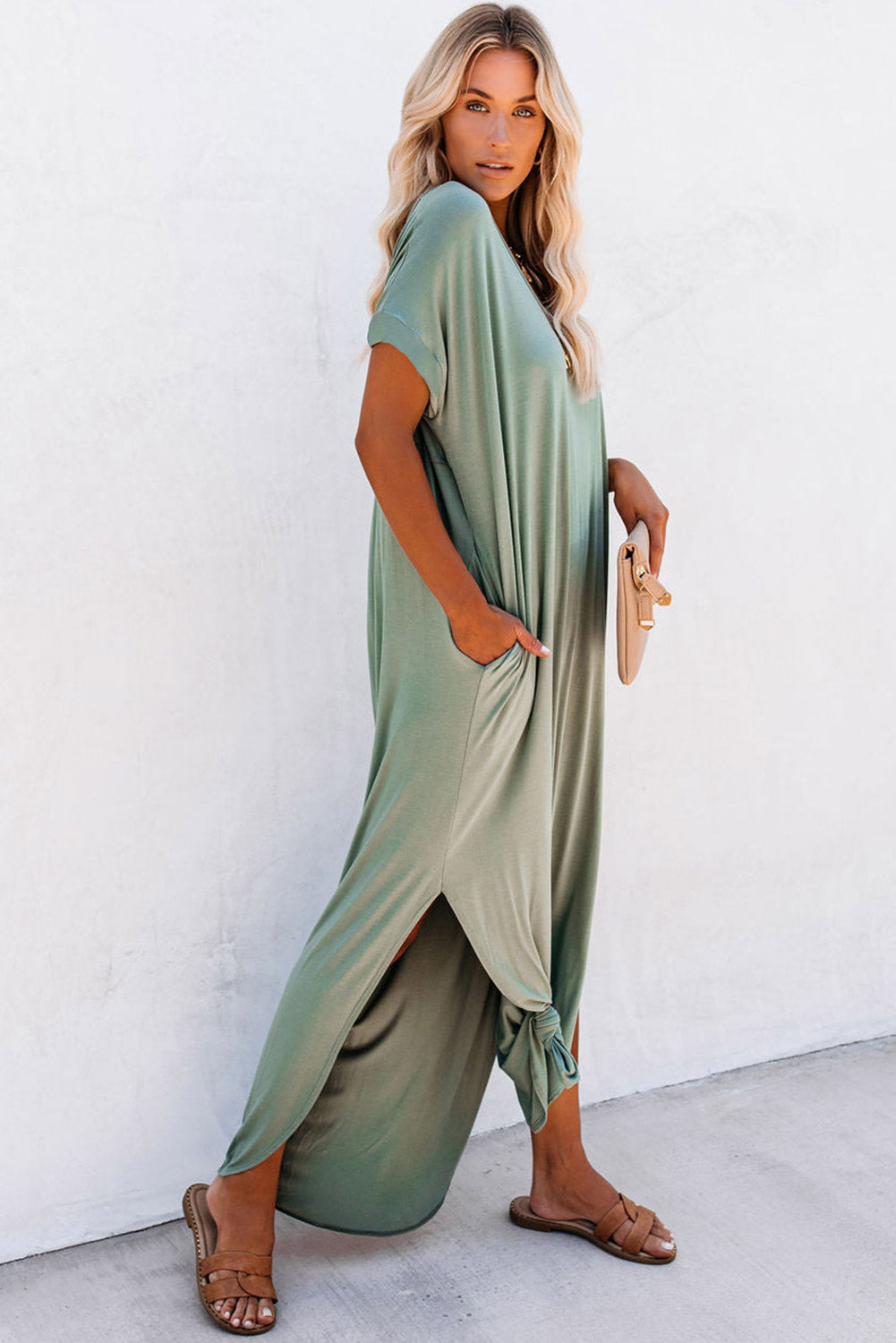 V Neck Maxi T-shirt Dress with Pockets