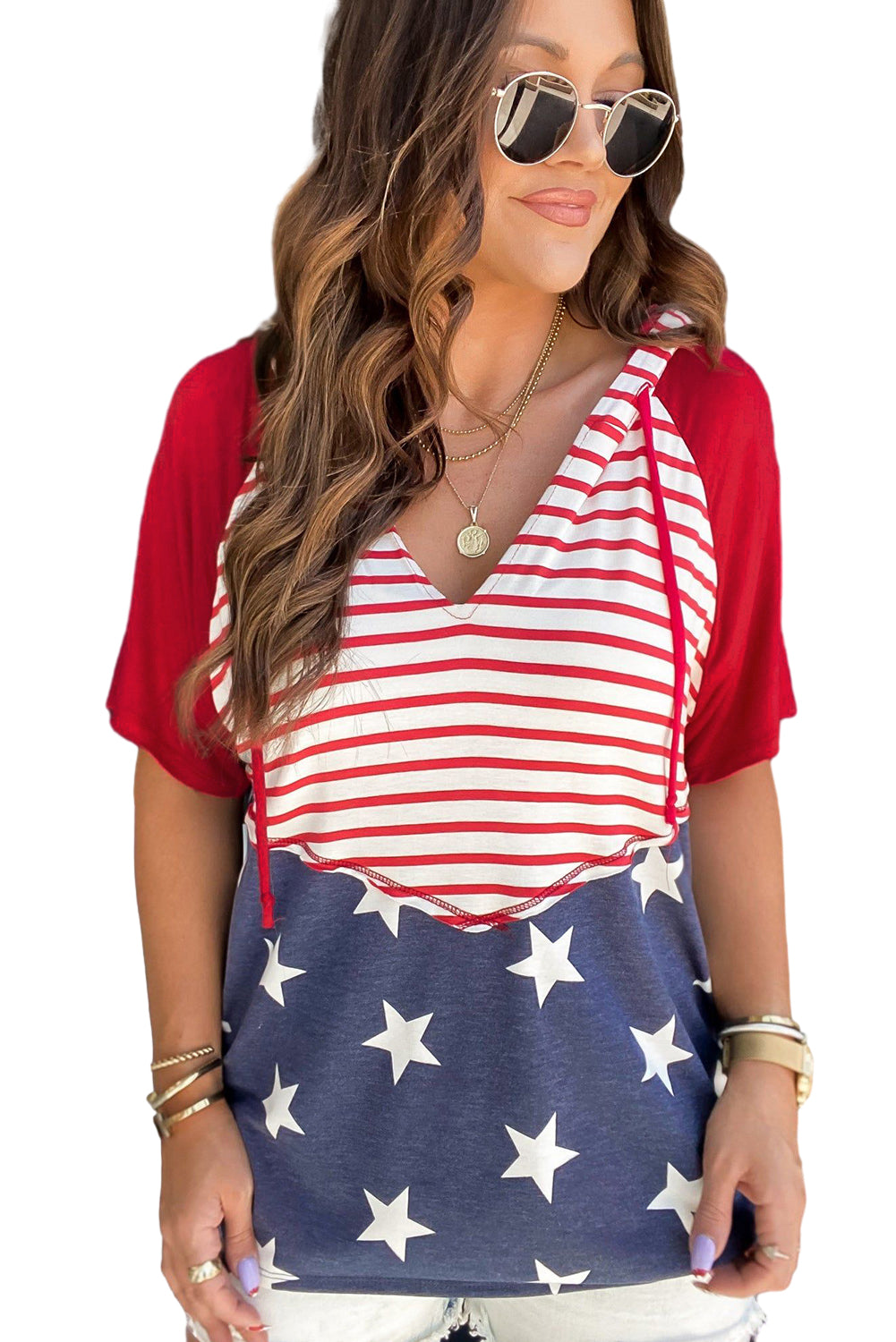 Red Stars and Stripes Print Drawstring Hooded T Shirt