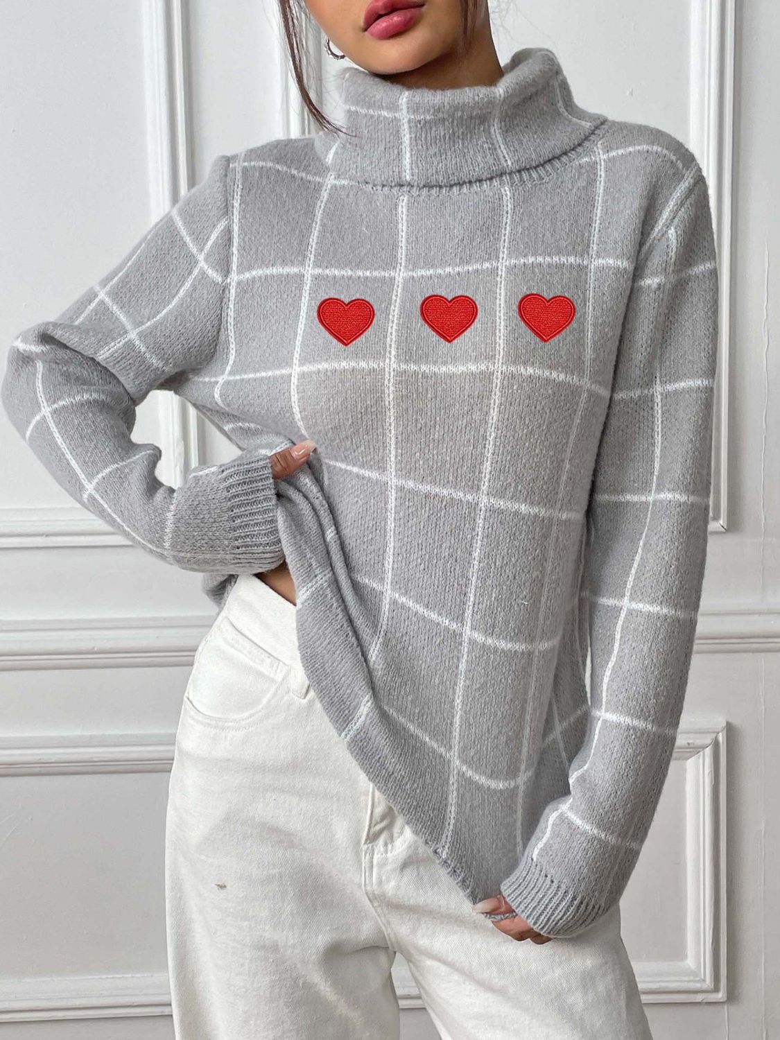 Plaid Long Sleeve Turtleneck Sweater with Hearts