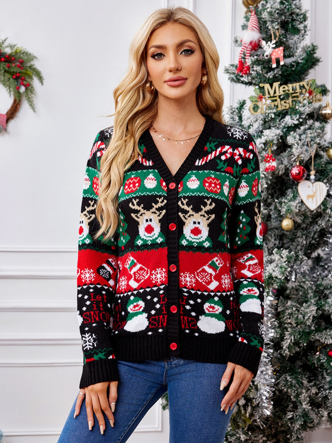 Holiday Button Up Long Sleeve Cardigan
