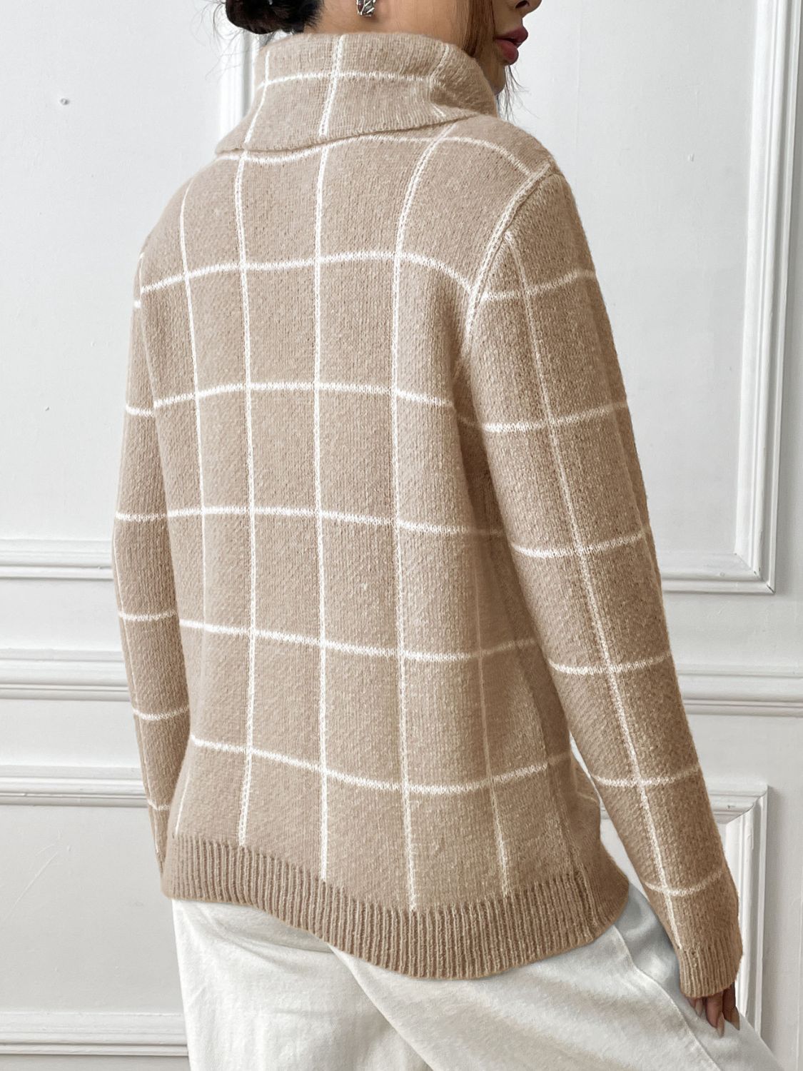 Plaid Long Sleeve Turtleneck Sweater with Hearts