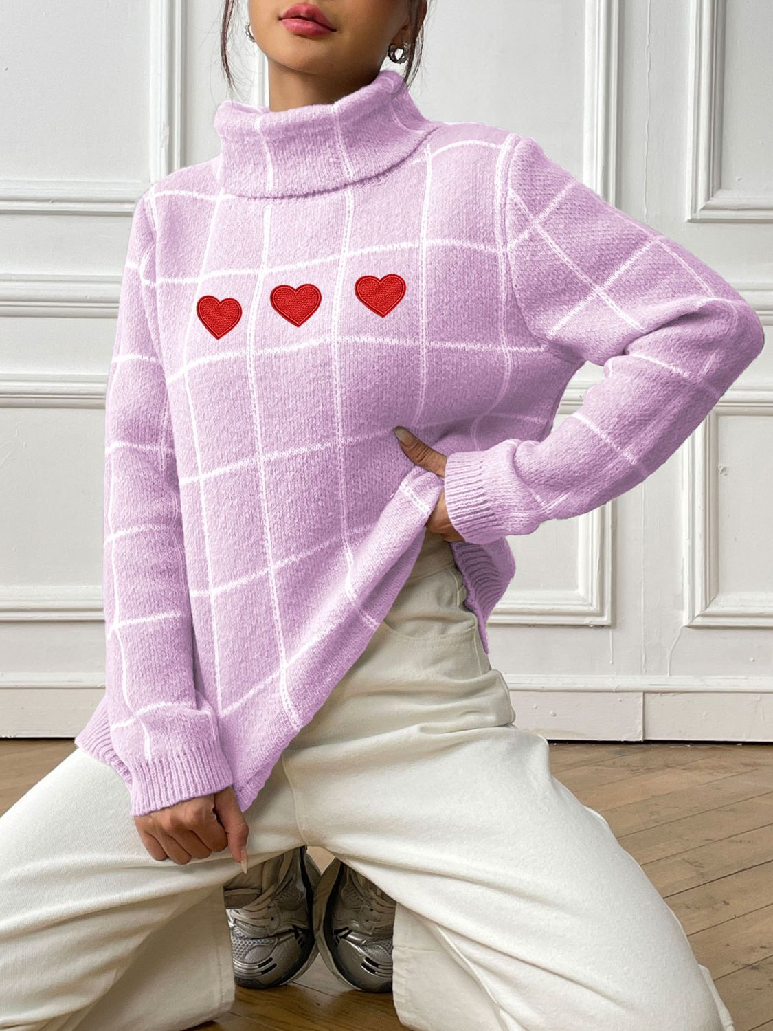 Plaid Long Sleeve Turtleneck Sweater with Hearts