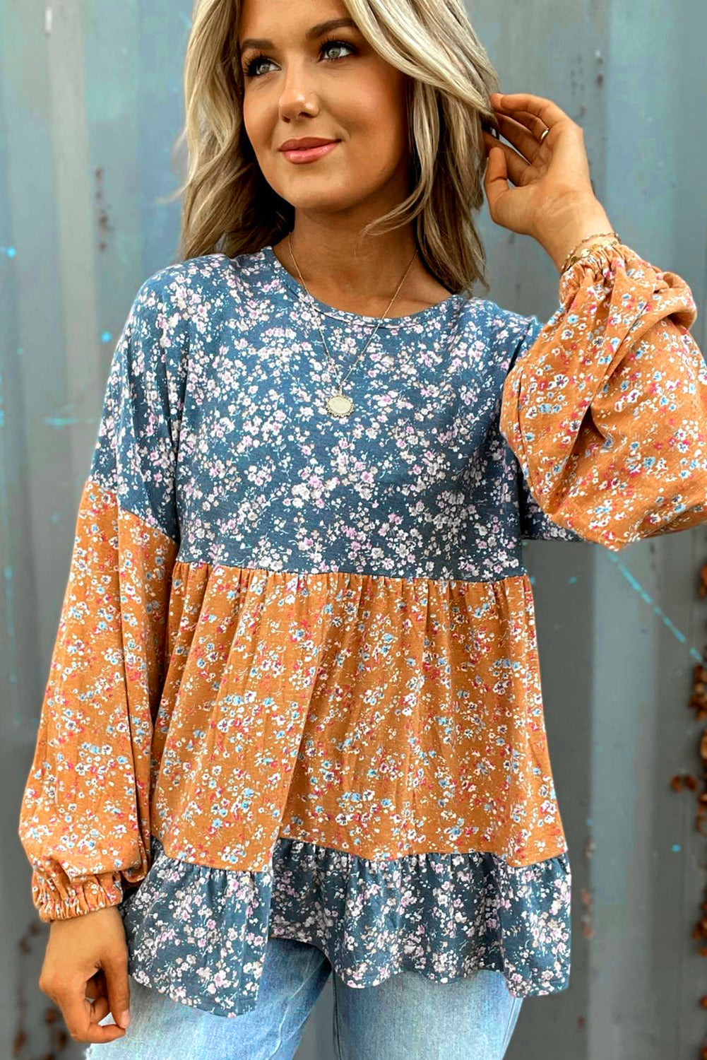 Orange Ditsy Floral Color Block Ruffle Hem Long Sleeve Top