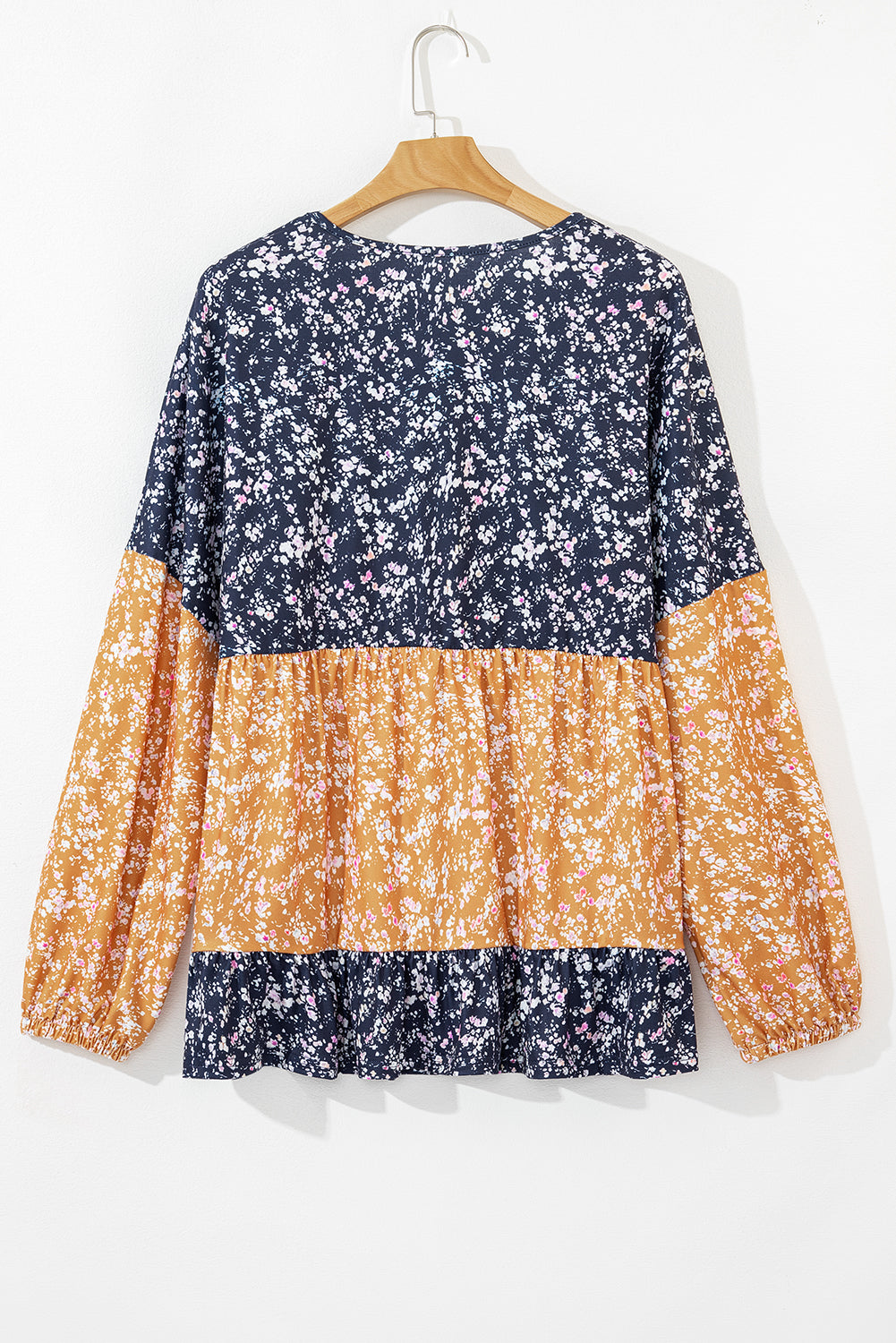 Orange Ditsy Floral Color Block Ruffle Hem Long Sleeve Top