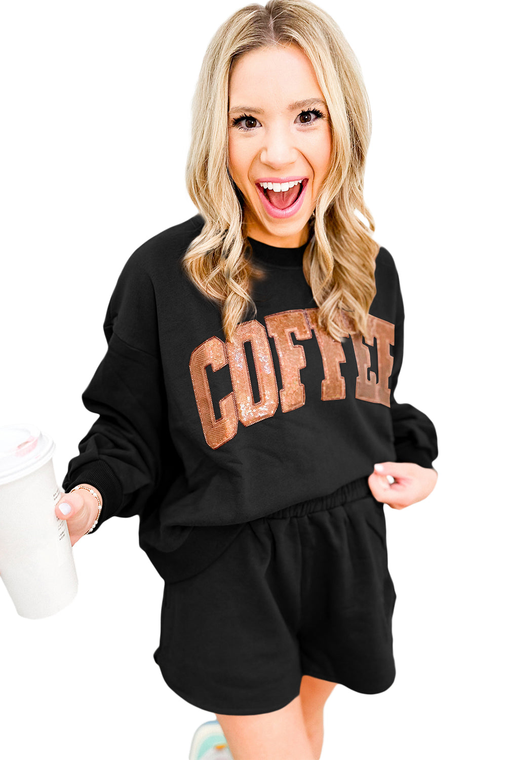 COFFEE Loose Fit Sweatshirt and Shorts Set