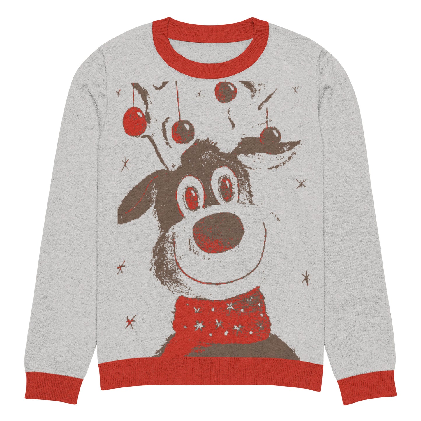 Whimsical reindeer knitted into a crew neck sweater