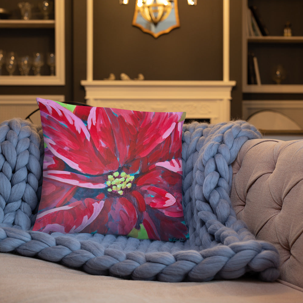 18 X 18 pillow; Santa on one side poinsettia on the other