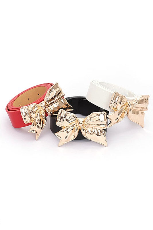 Gold Bow Buckle Fashion Belt in black white or red