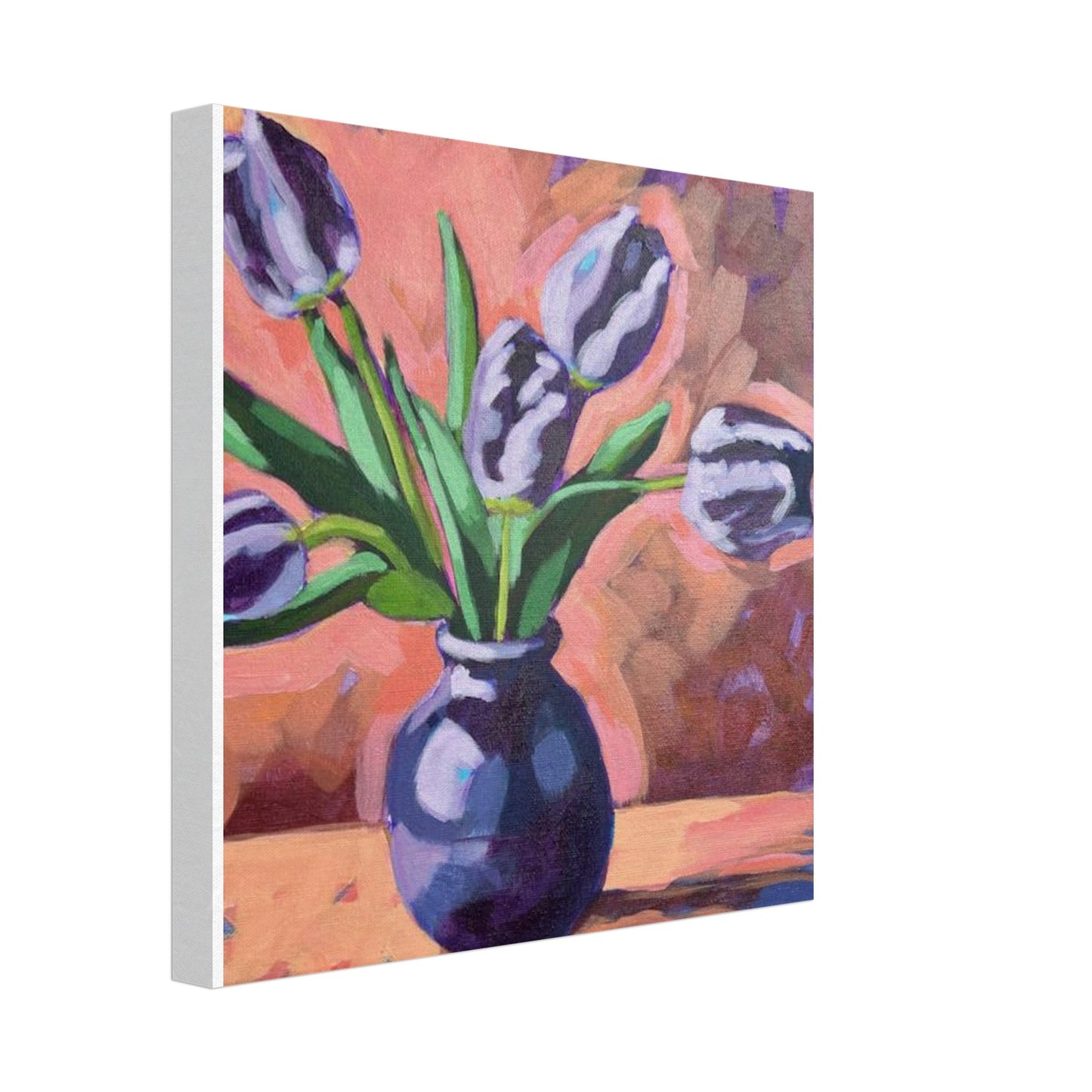 Purple tulips in a purple vase printed on canvas