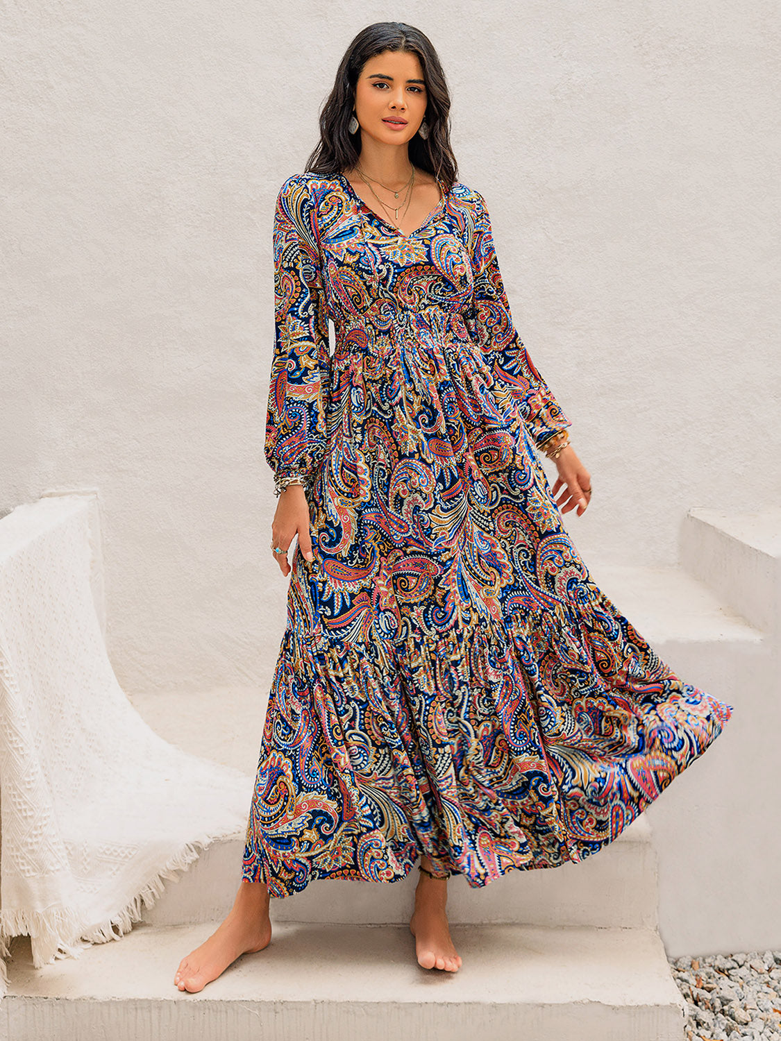 Long Sleeve Multicolor Midi Dress