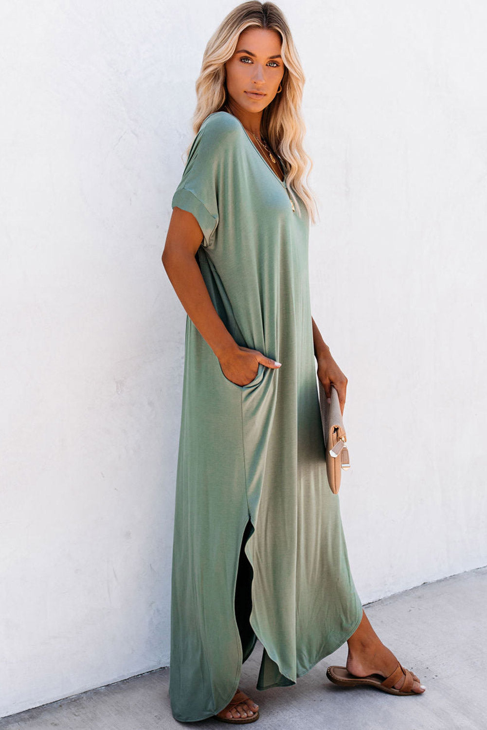 V Neck Maxi T-shirt Dress with Pockets