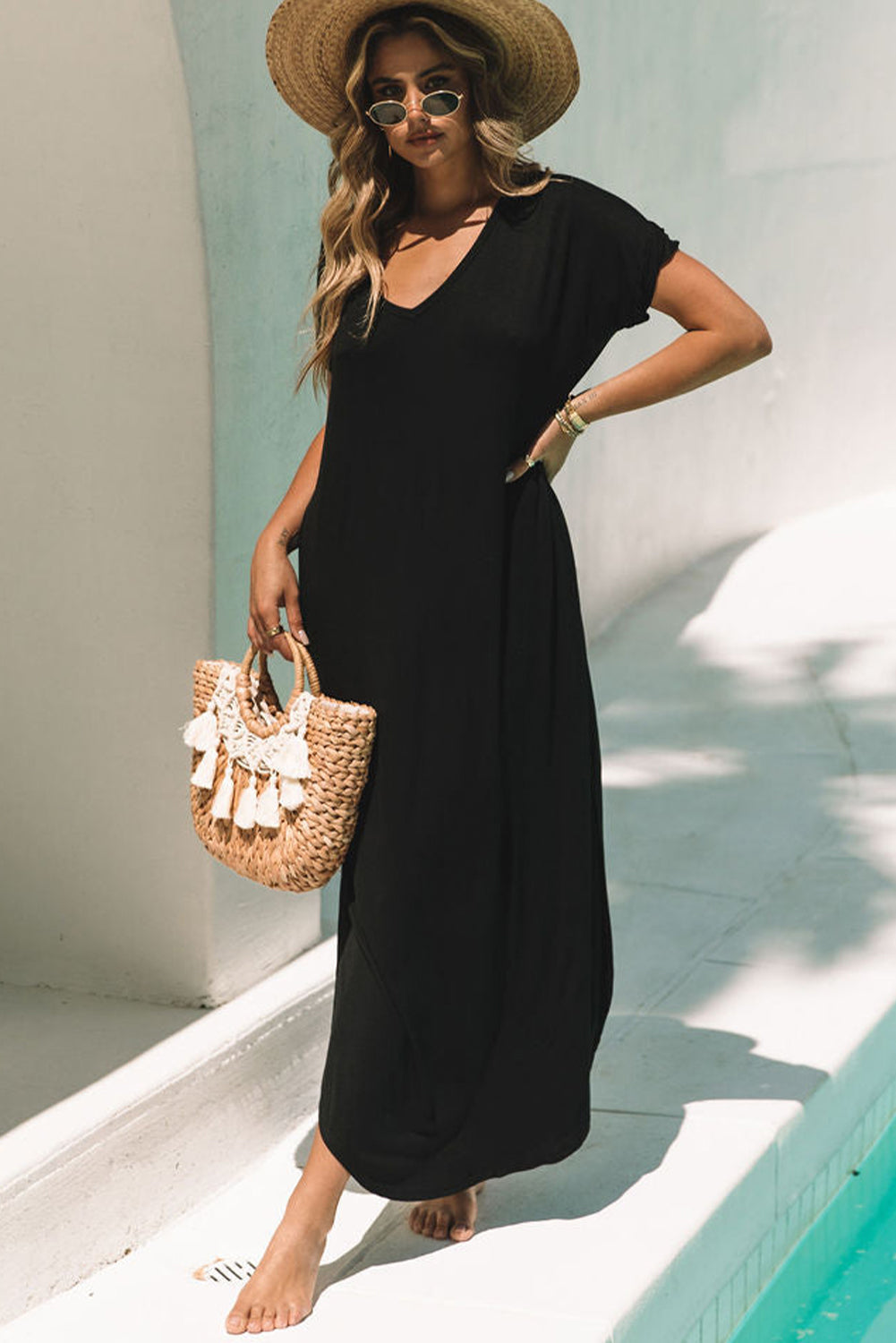 V Neck Maxi T-shirt Dress with Pockets