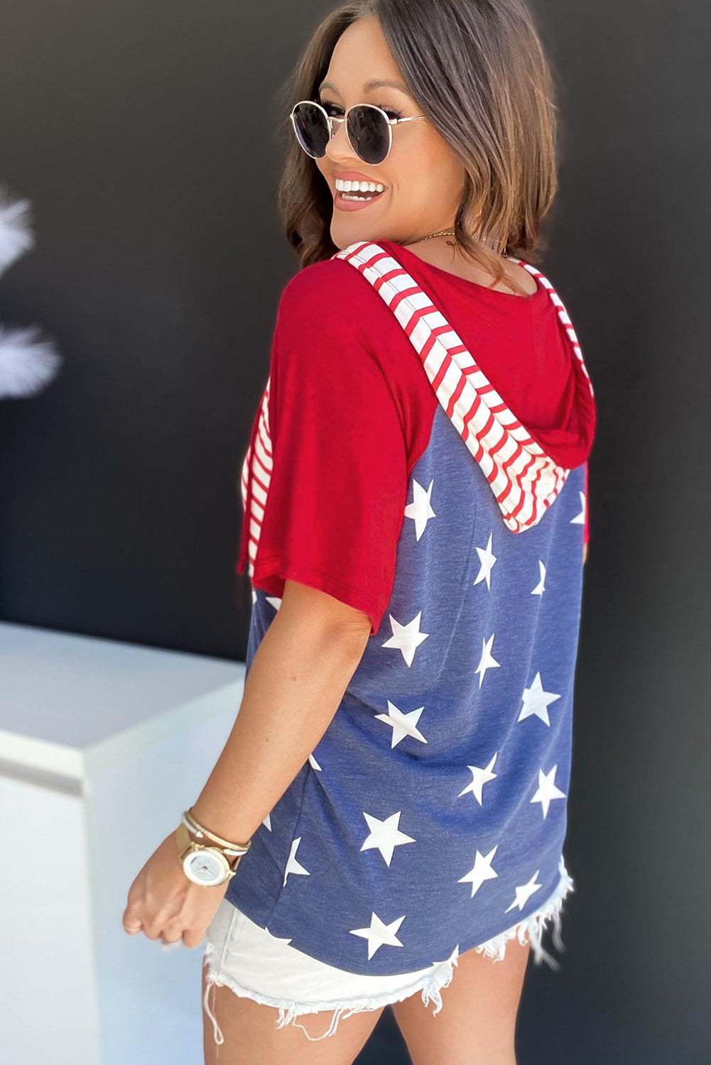 Red Stars and Stripes Print Drawstring Hooded T Shirt
