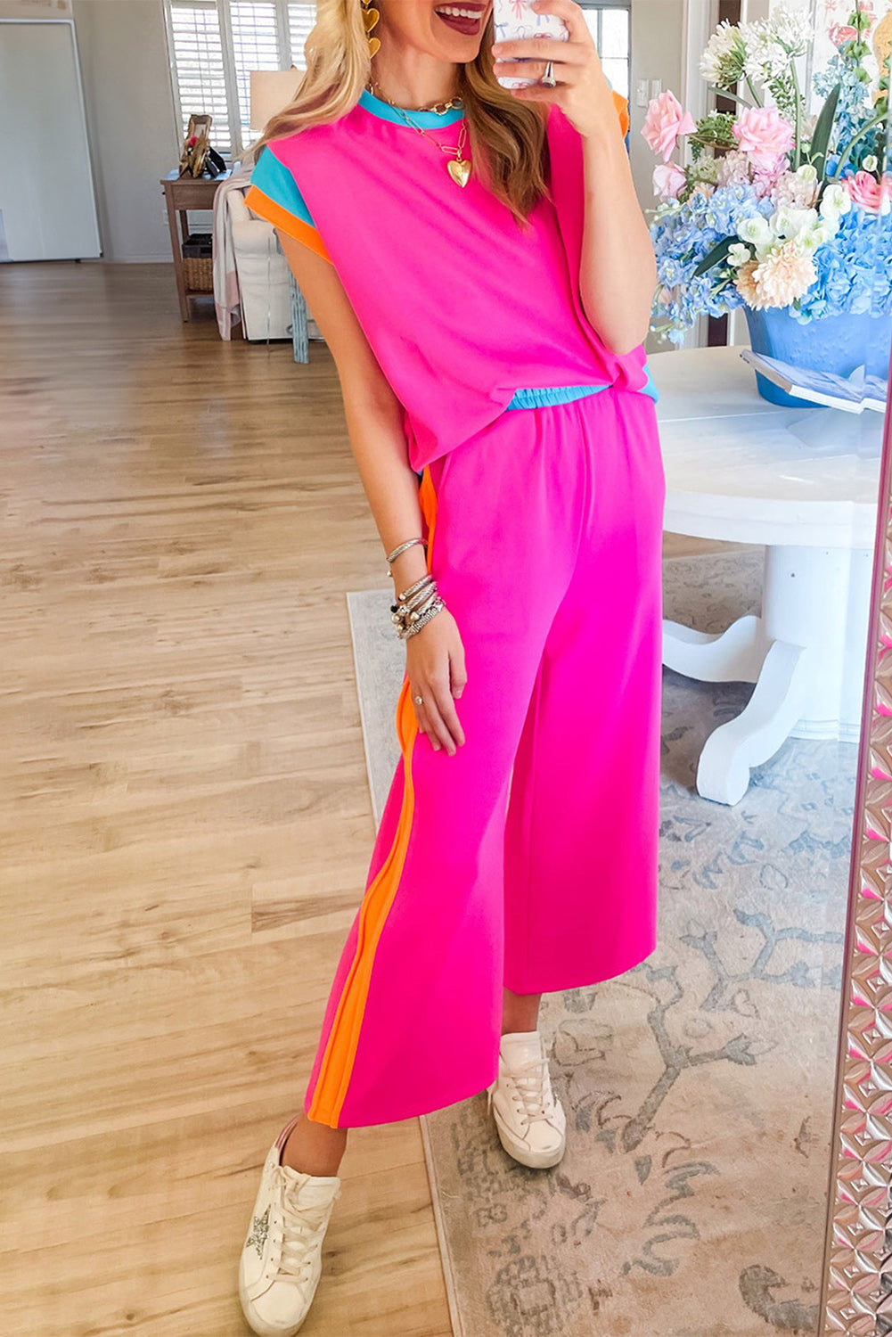Hot Pink Colorblock Tee and Wide Leg Pants Set