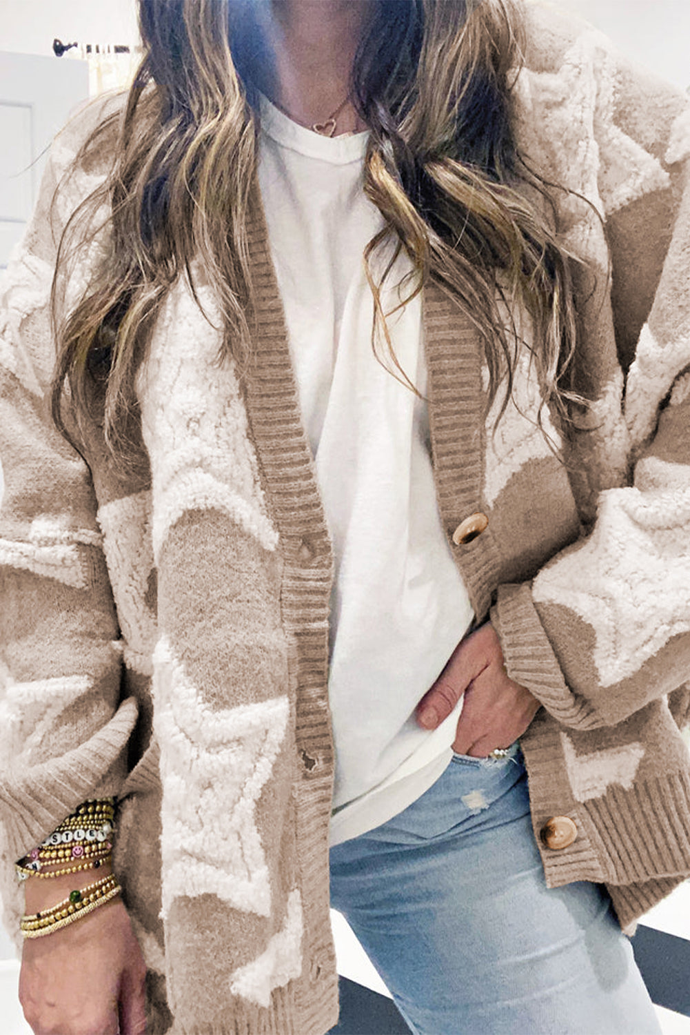 Khaki Star Pattern Cardigan