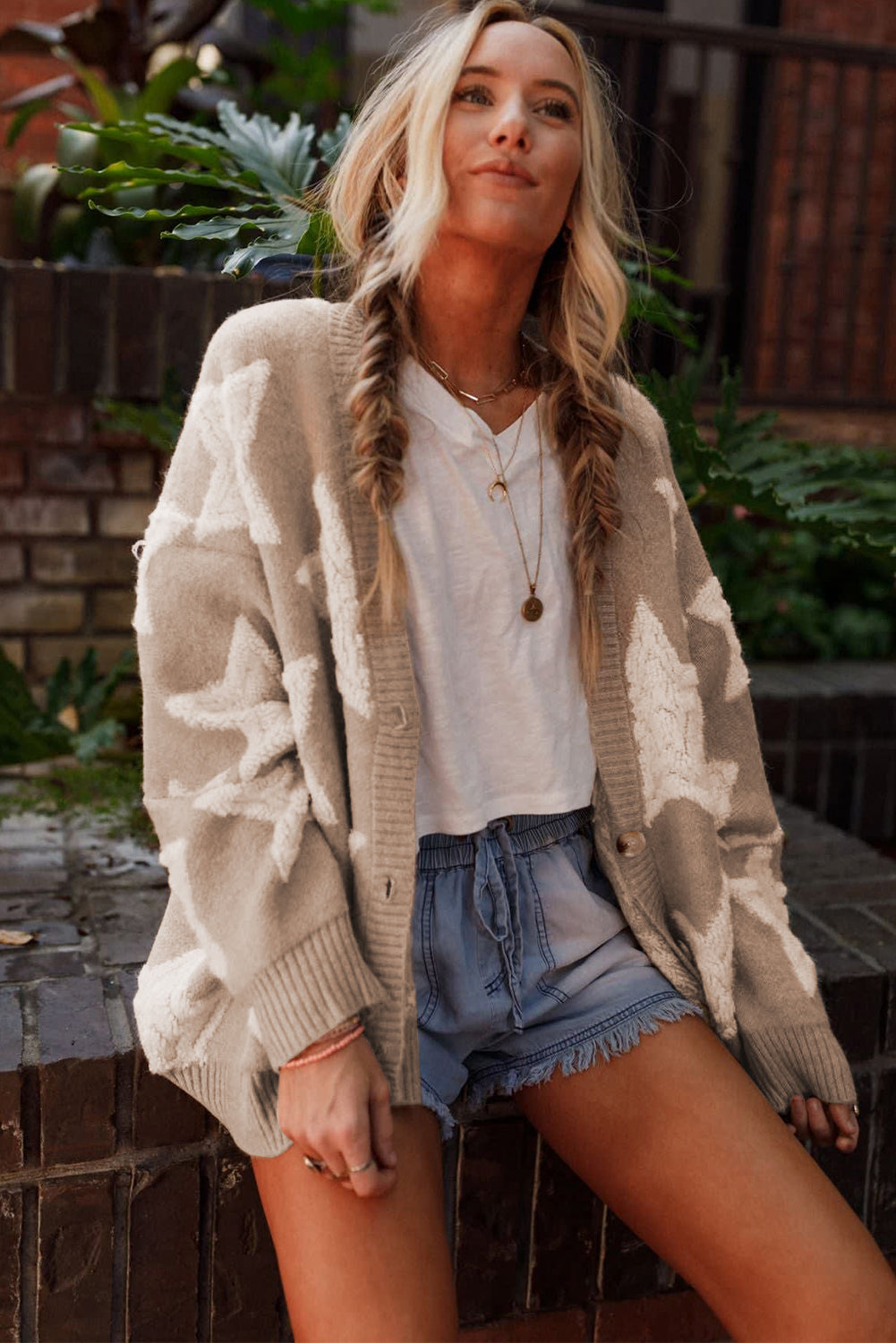 Khaki Star Pattern Cardigan