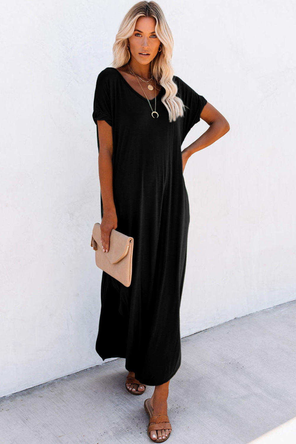 V Neck Maxi T-shirt Dress with Pockets