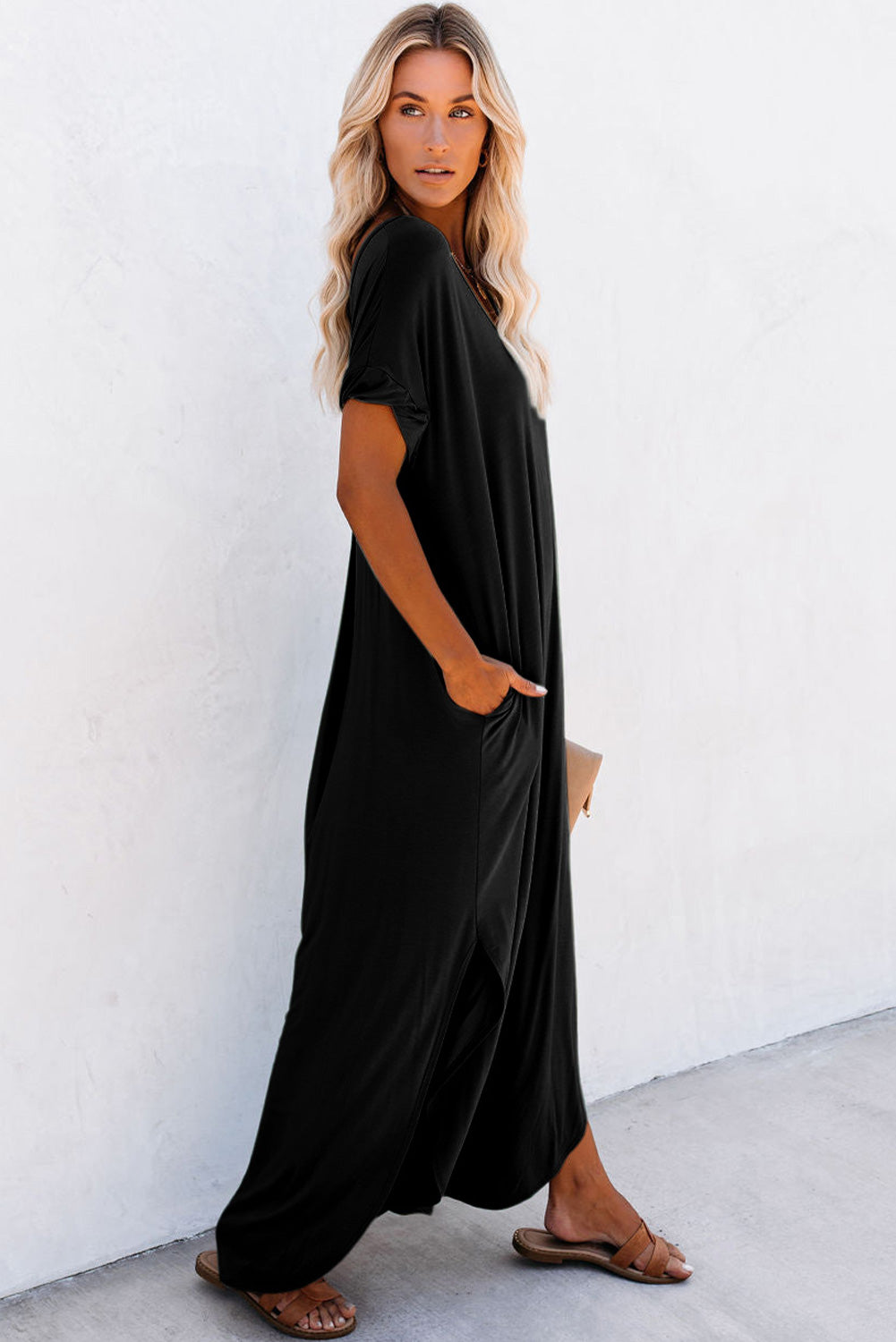 V Neck Maxi T-shirt Dress with Pockets