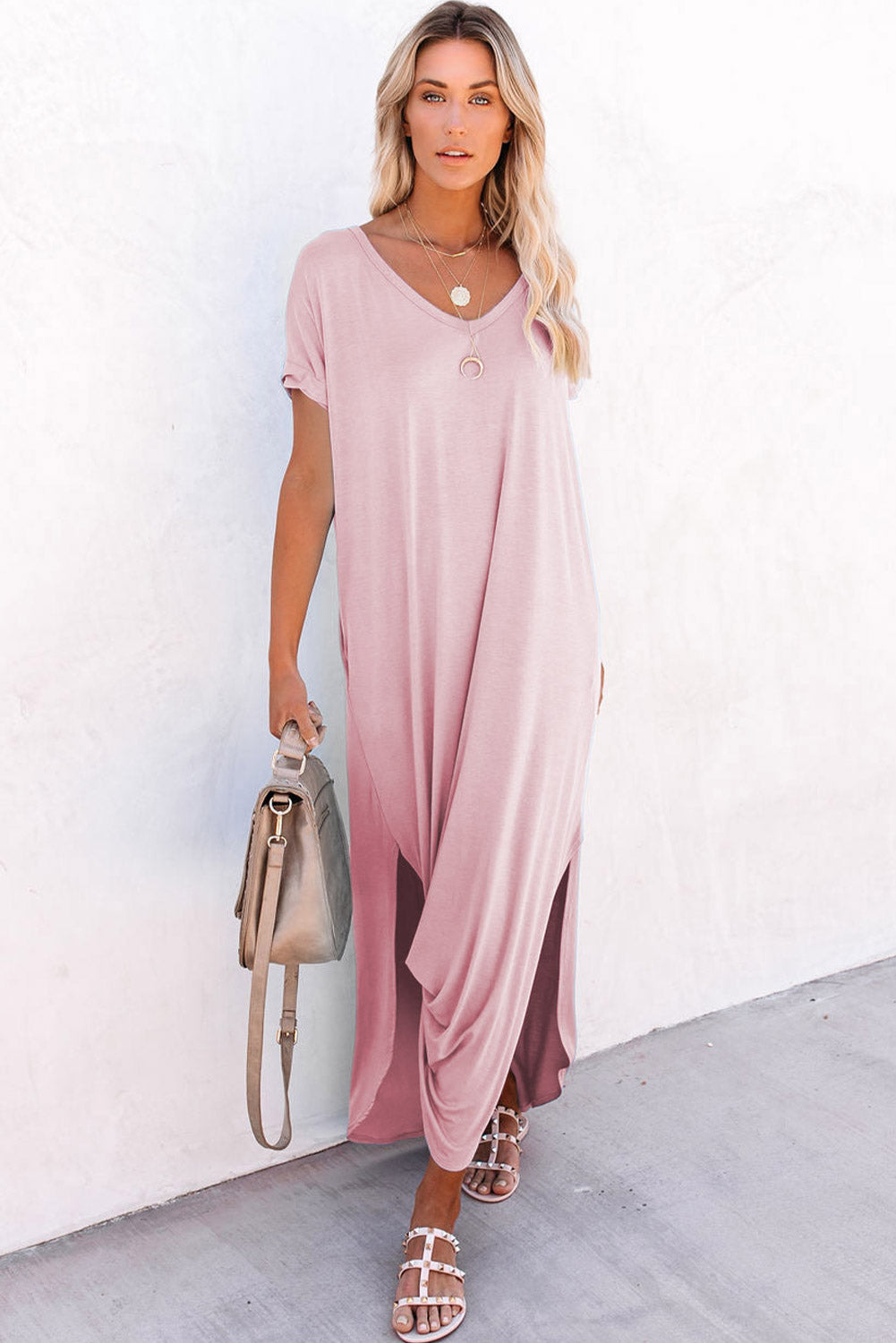 V Neck Maxi T-shirt Dress with Pockets