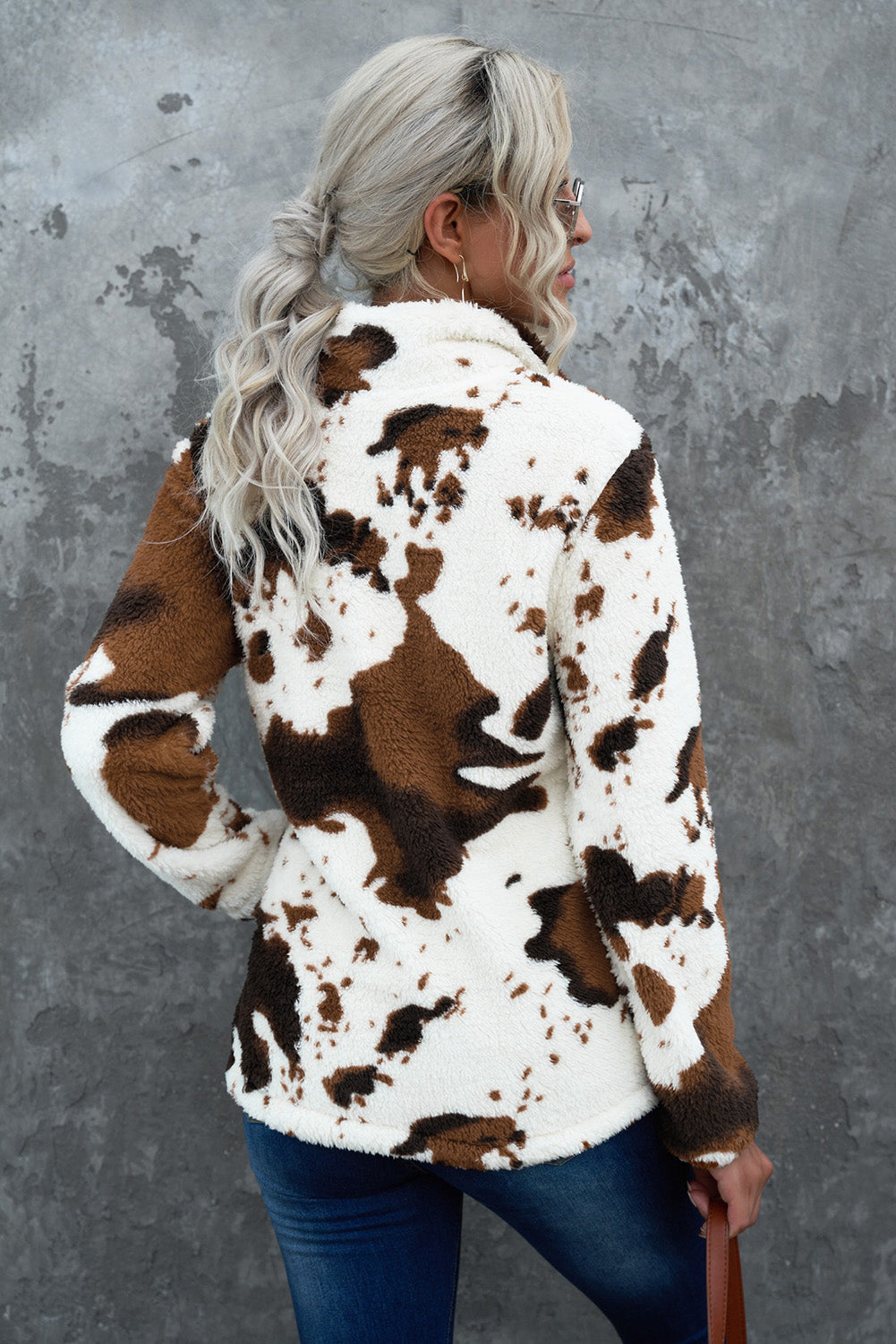 Quarter-Zip Long Sleeve Cowhide Print Sweatshirt