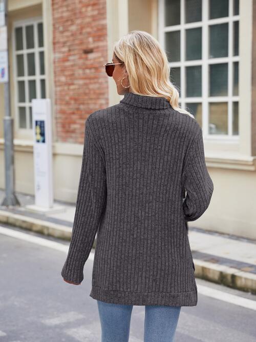 Ribbed Turtleneck Long Sleeve Knit Top