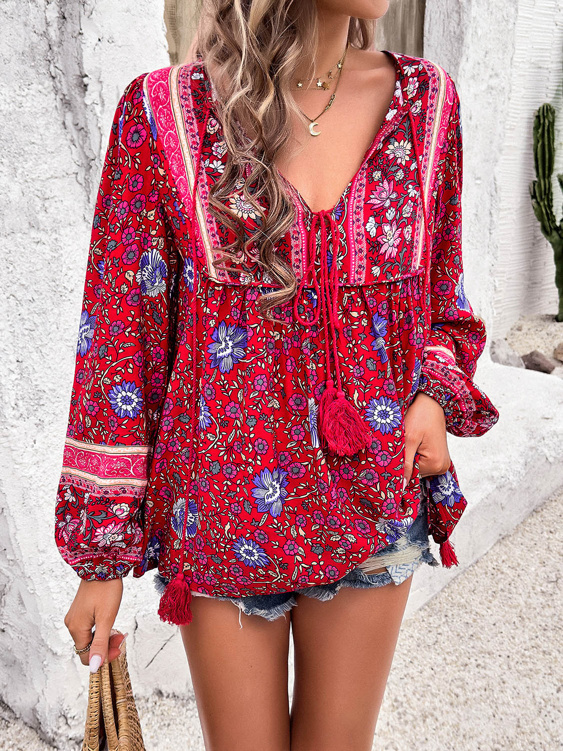 Boho Tie Neck Long Sleeve Blouse