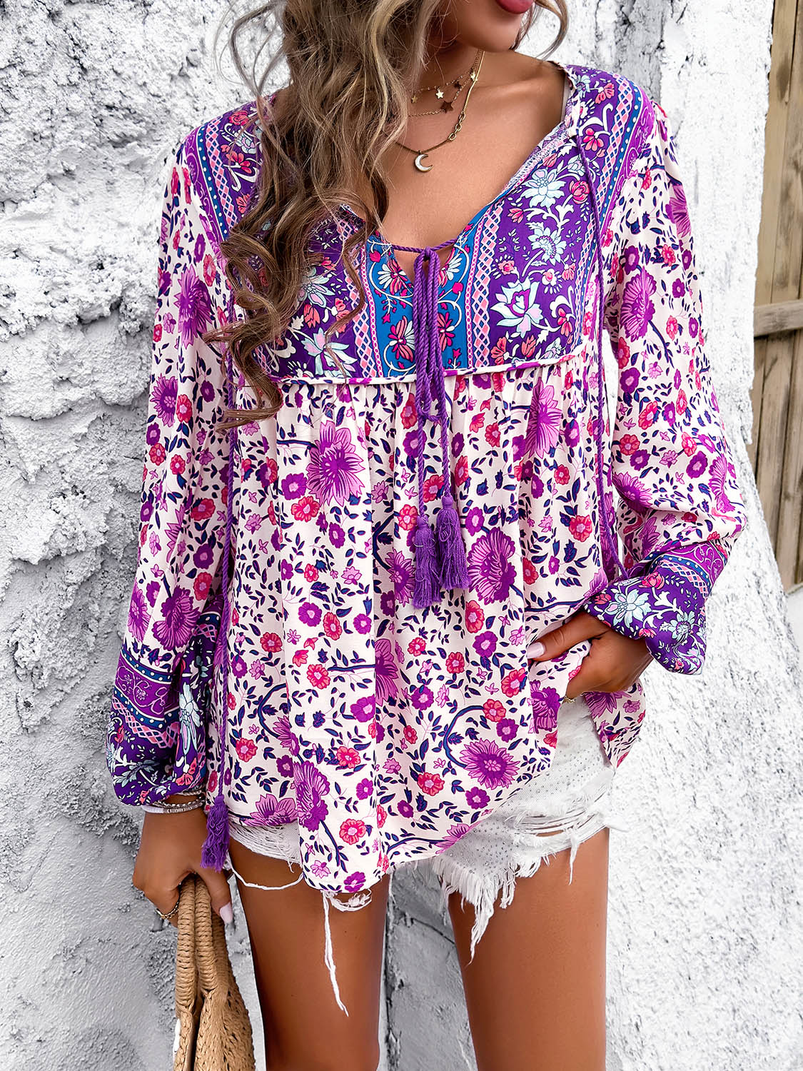 Boho Tie Neck Long Sleeve Blouse