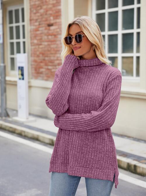 Ribbed Turtleneck Long Sleeve Knit Top