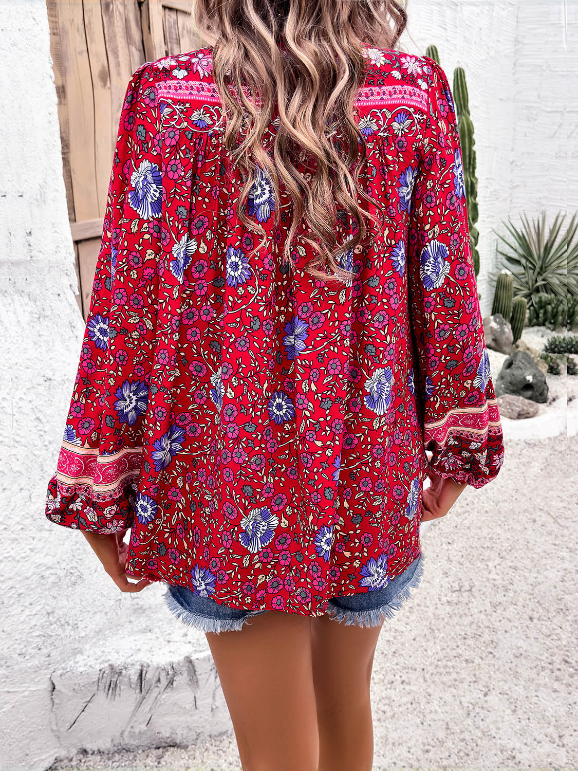 Boho Tie Neck Long Sleeve Blouse