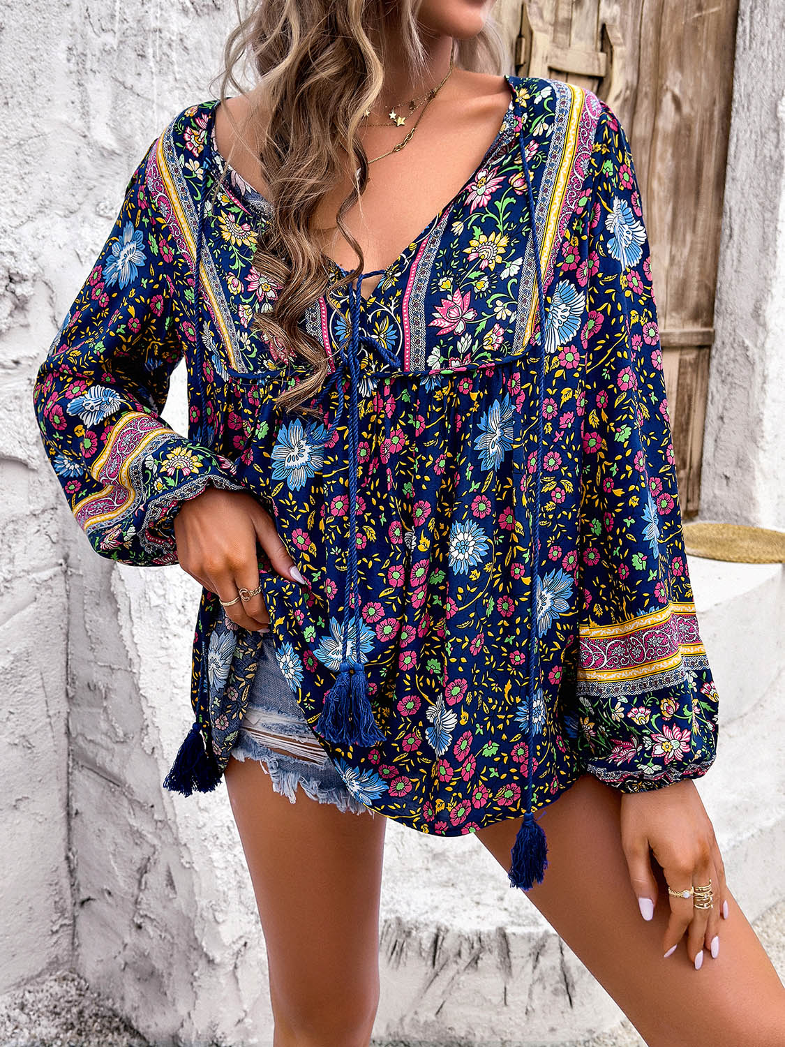 Boho Tie Neck Long Sleeve Blouse