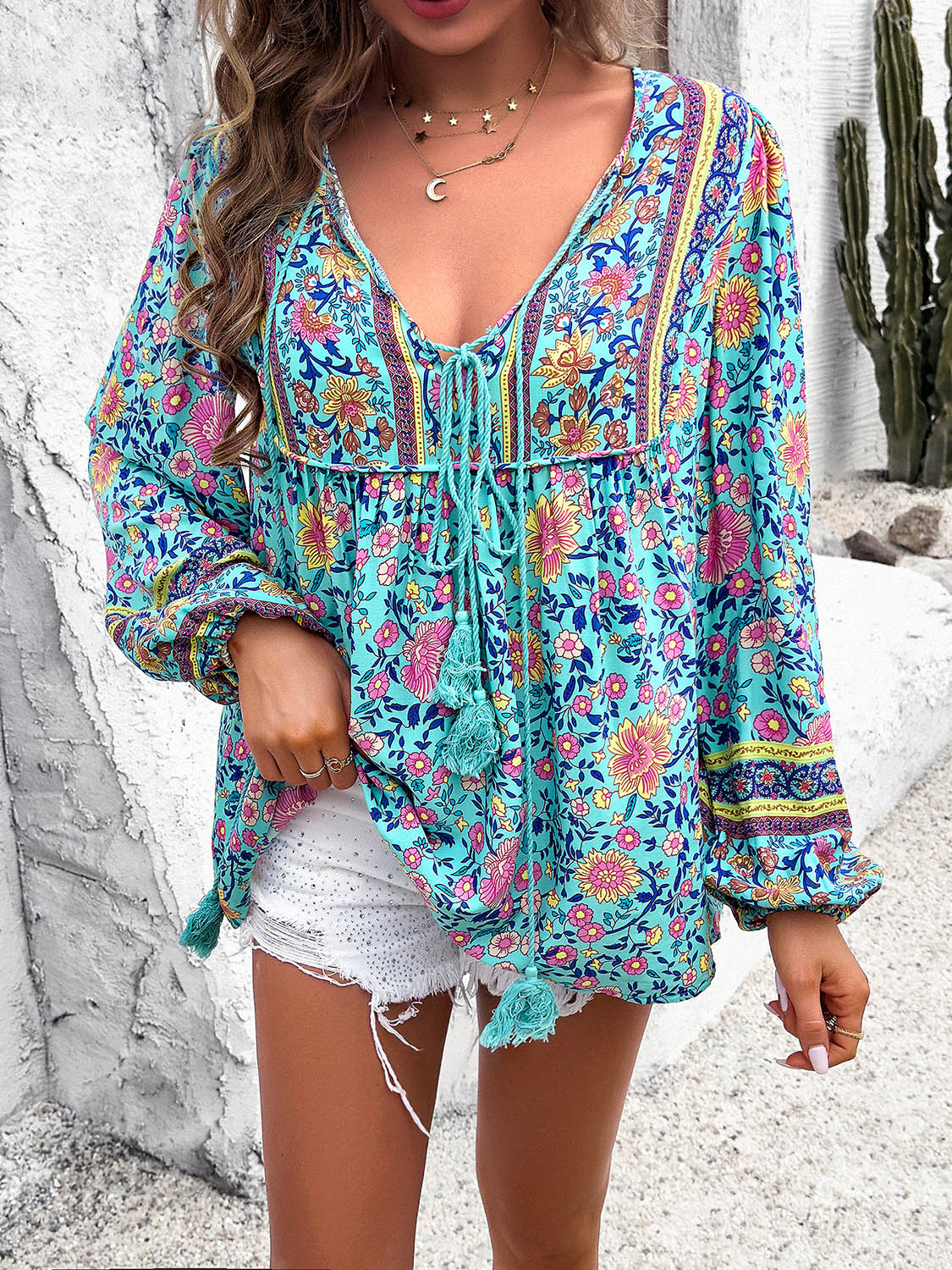 Boho Tie Neck Long Sleeve Blouse