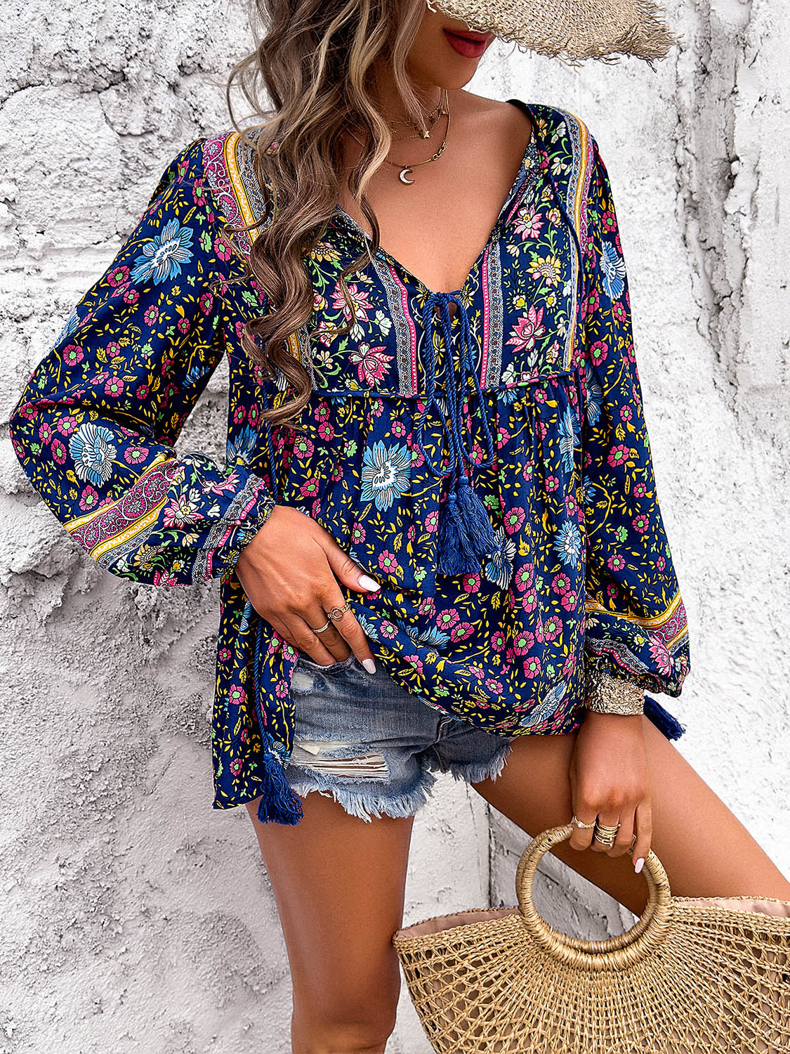 Boho Tie Neck Long Sleeve Blouse