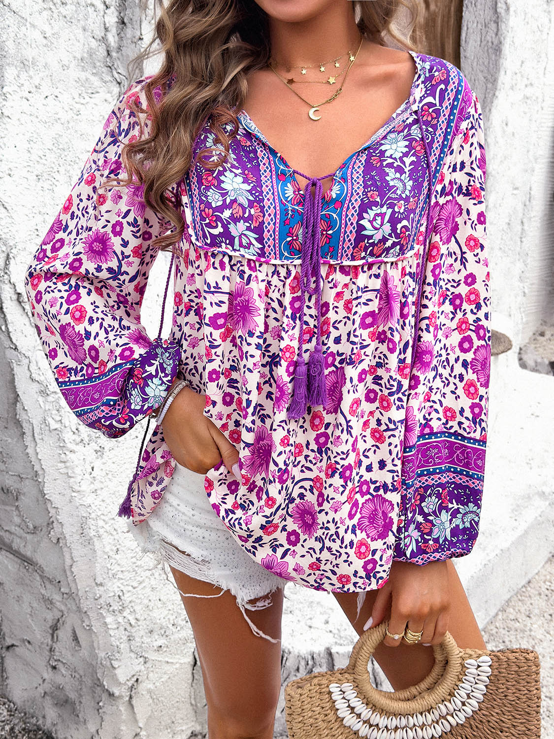 Boho Tie Neck Long Sleeve Blouse