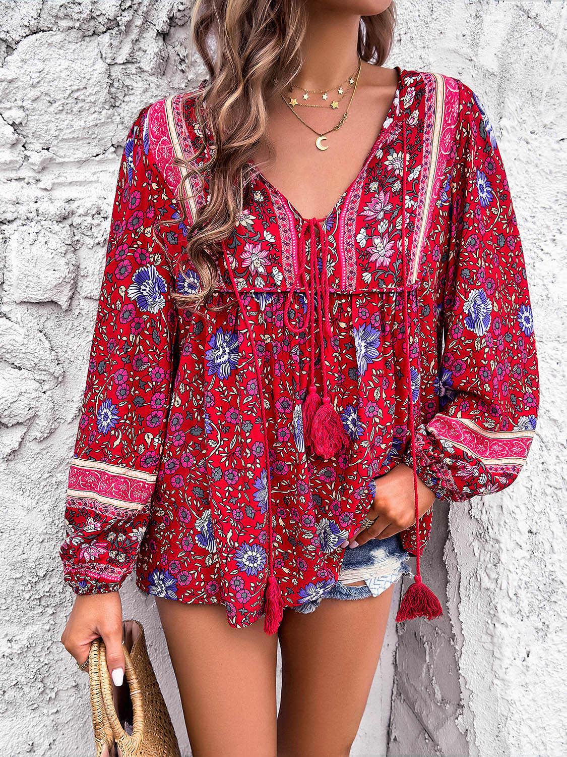 Boho Tie Neck Long Sleeve Blouse