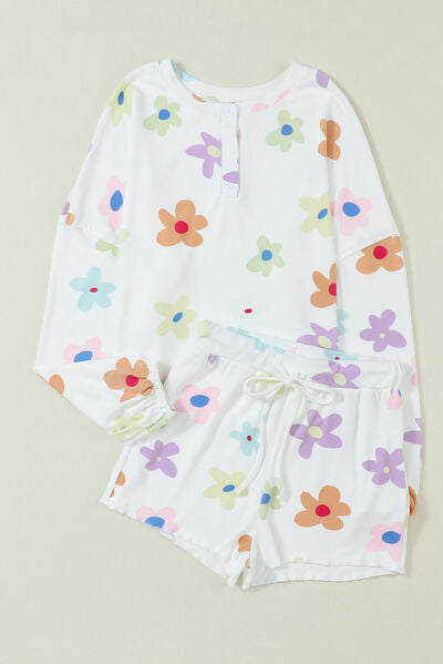 Printed Top and Drawstring Shorts Lounge Set