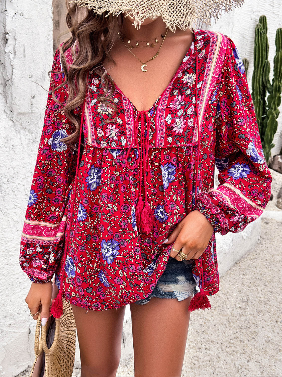 Boho Tie Neck Long Sleeve Blouse