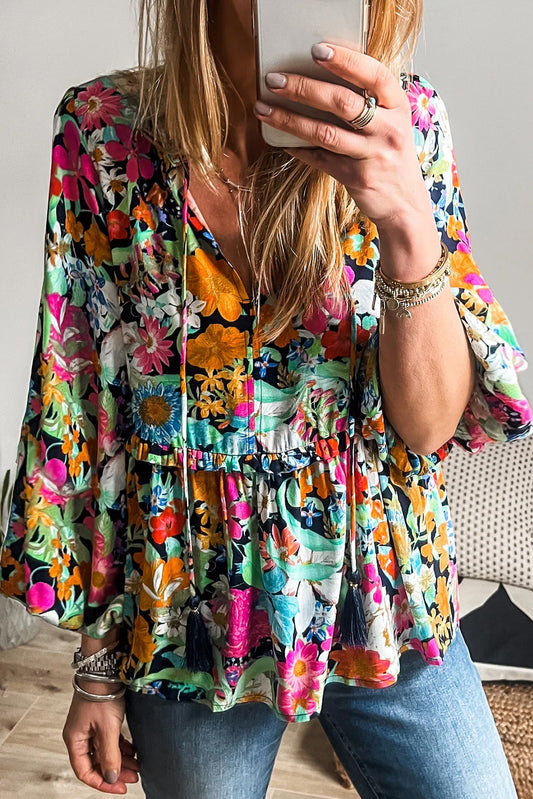 Multicolor Boho Floral V Neck Lantern Sleeve Blouse