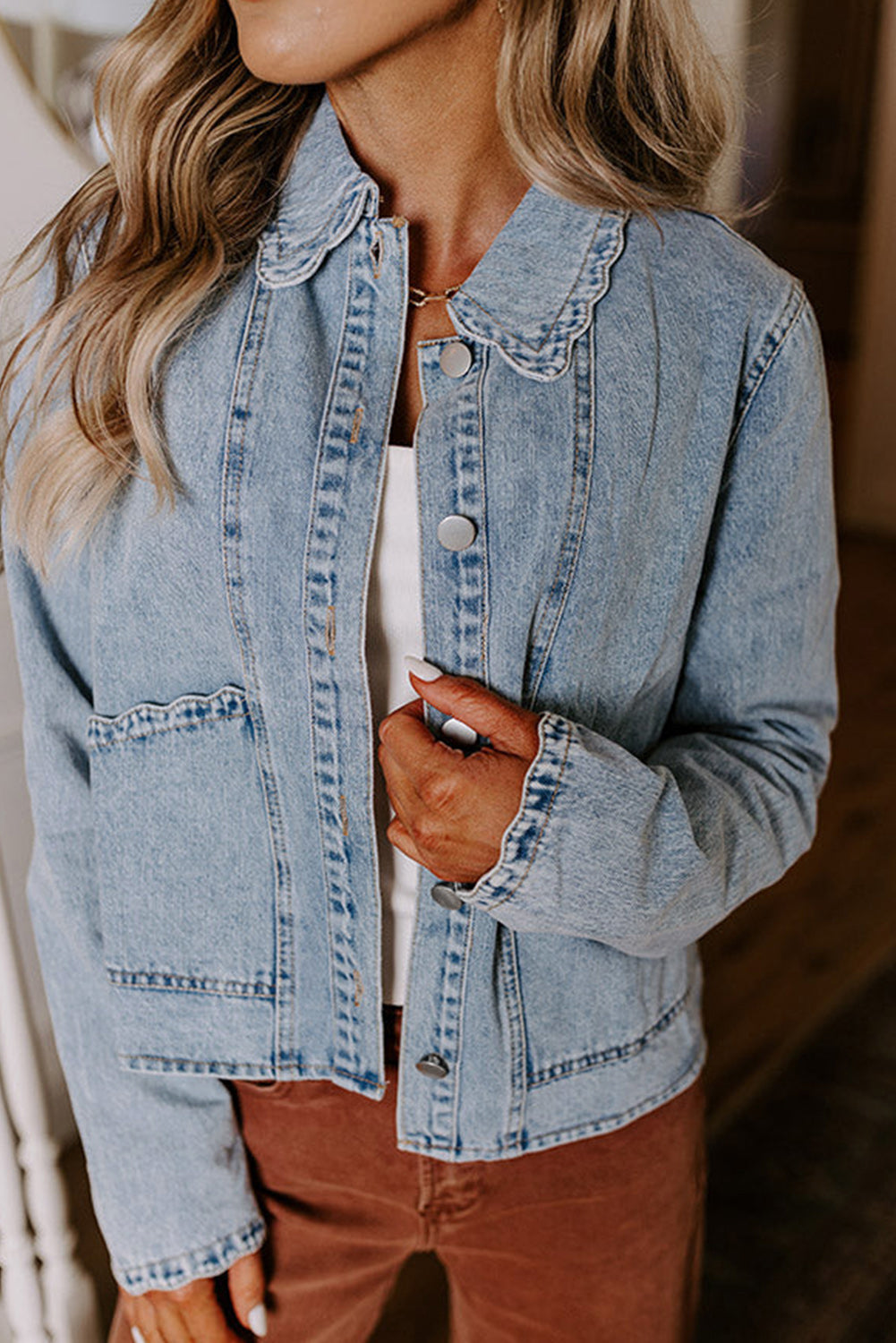 Scallop Trim Collar Denim Jacket