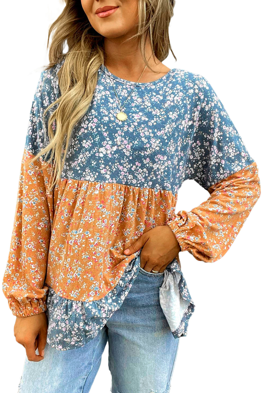 Orange Ditsy Floral Color Block Ruffle Hem Long Sleeve Top