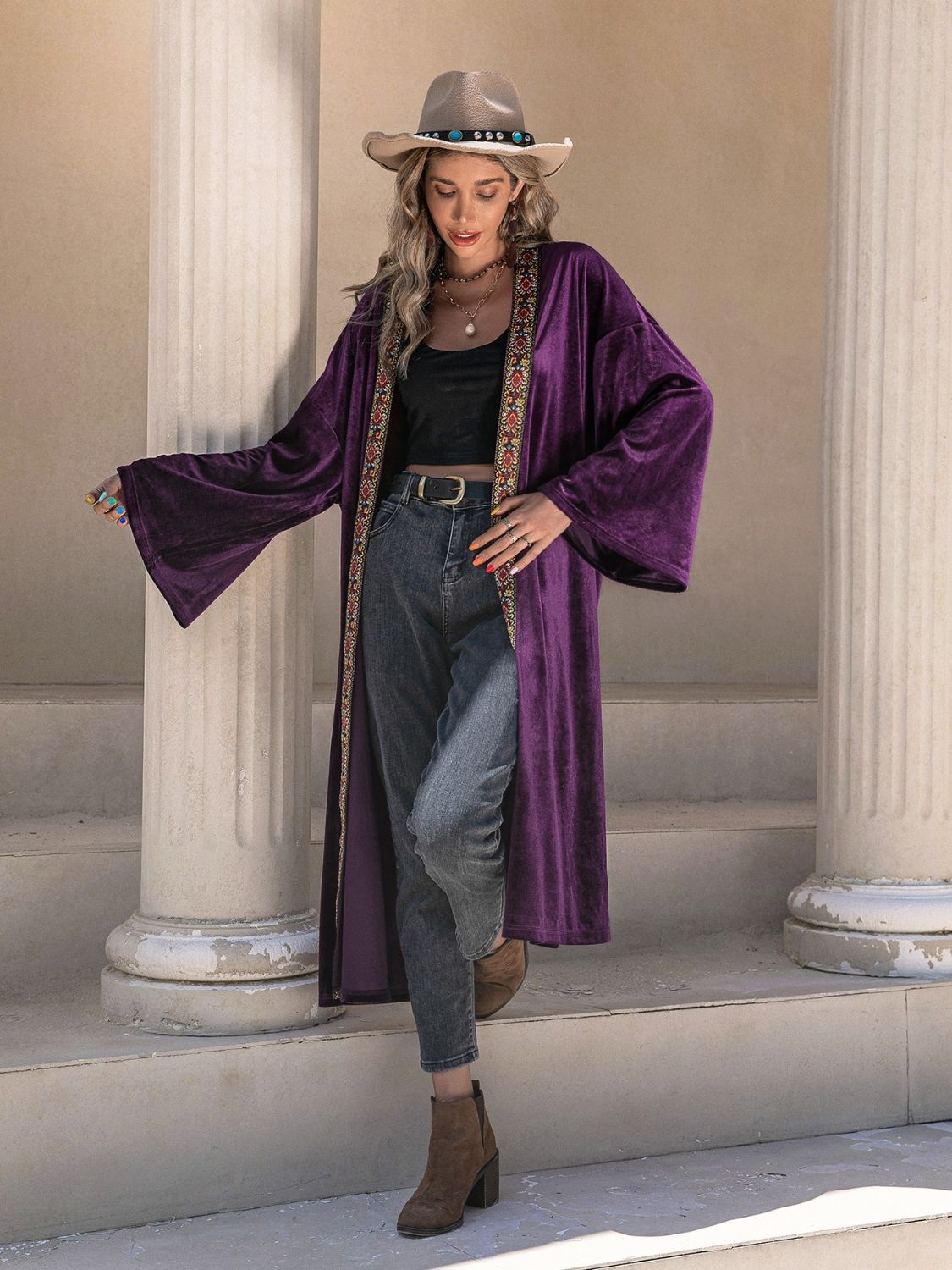 Plum colored embroidered long cardigan