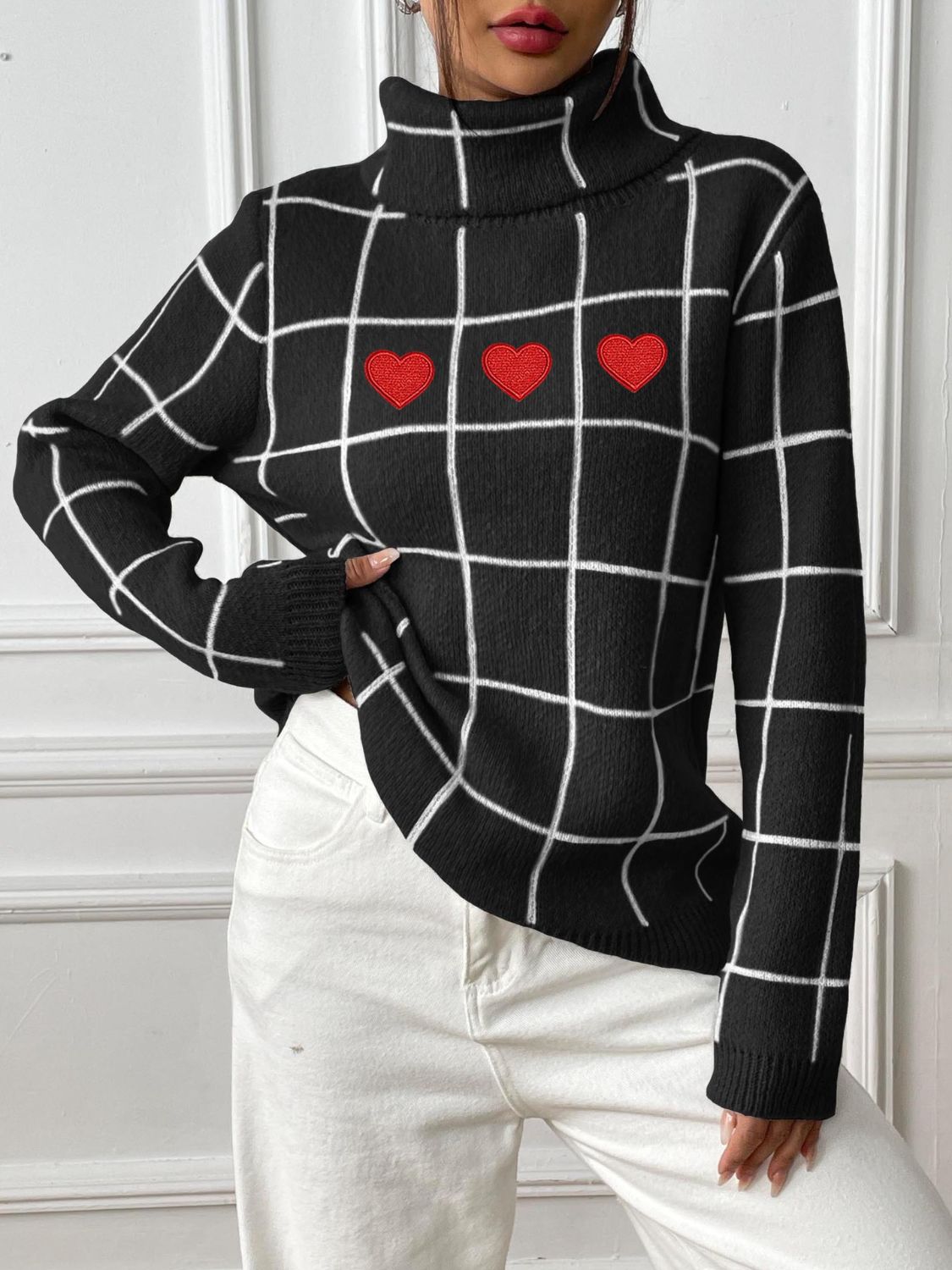 Plaid Long Sleeve Turtleneck Sweater with Hearts