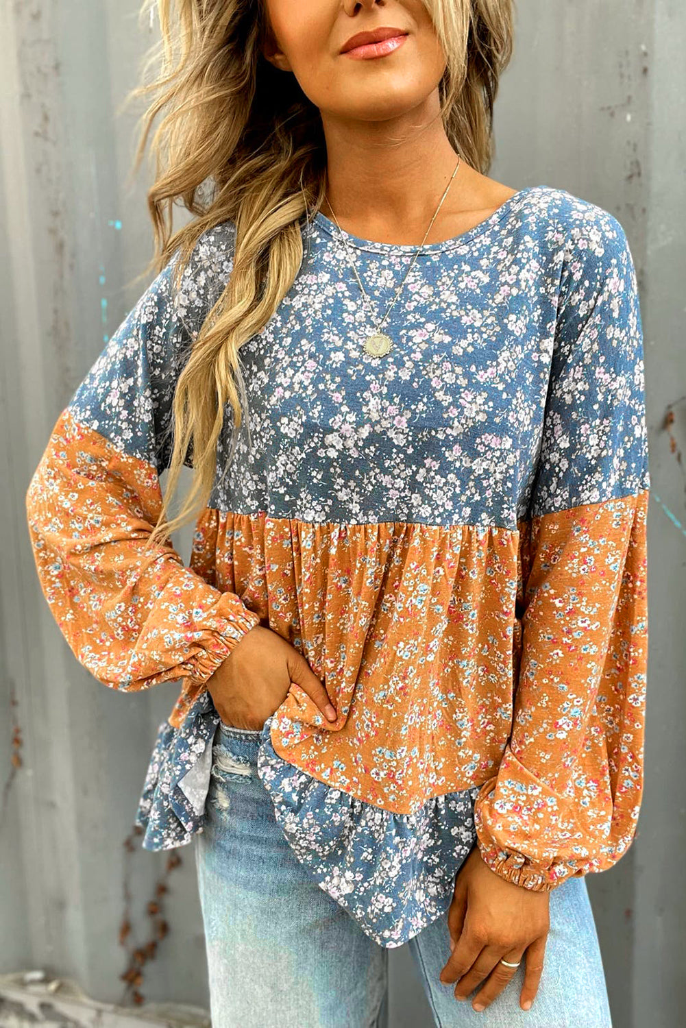 Orange Ditsy Floral Color Block Ruffle Hem Long Sleeve Top