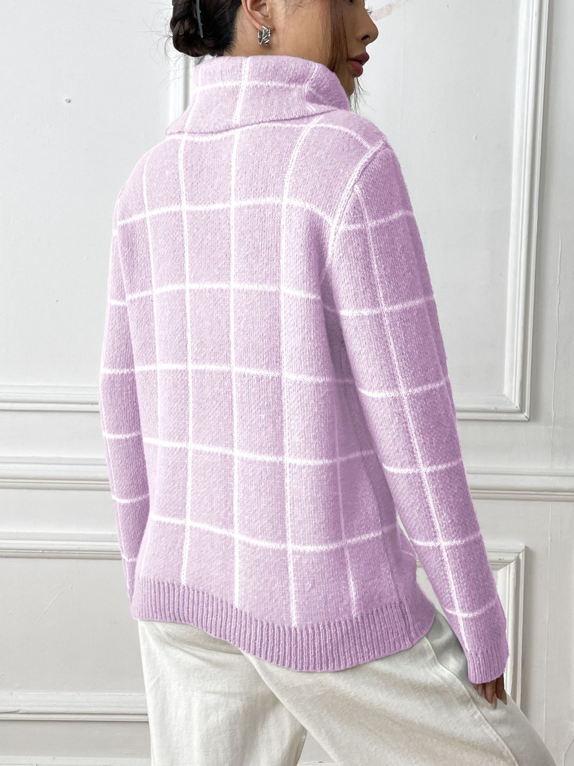 Plaid Long Sleeve Turtleneck Sweater with Hearts