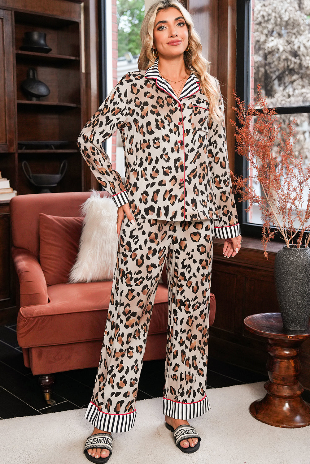Leopard Print with Striped Patchwork Pajama Set