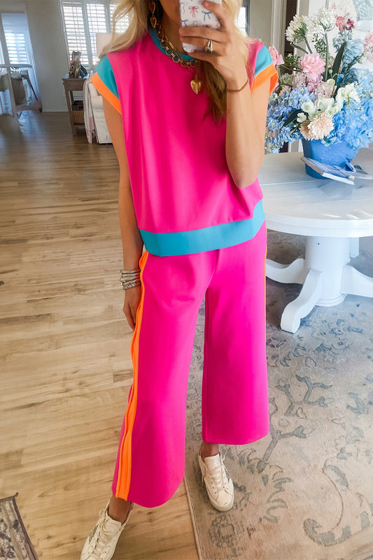 Hot Pink Colorblock Tee and Wide Leg Pants Set